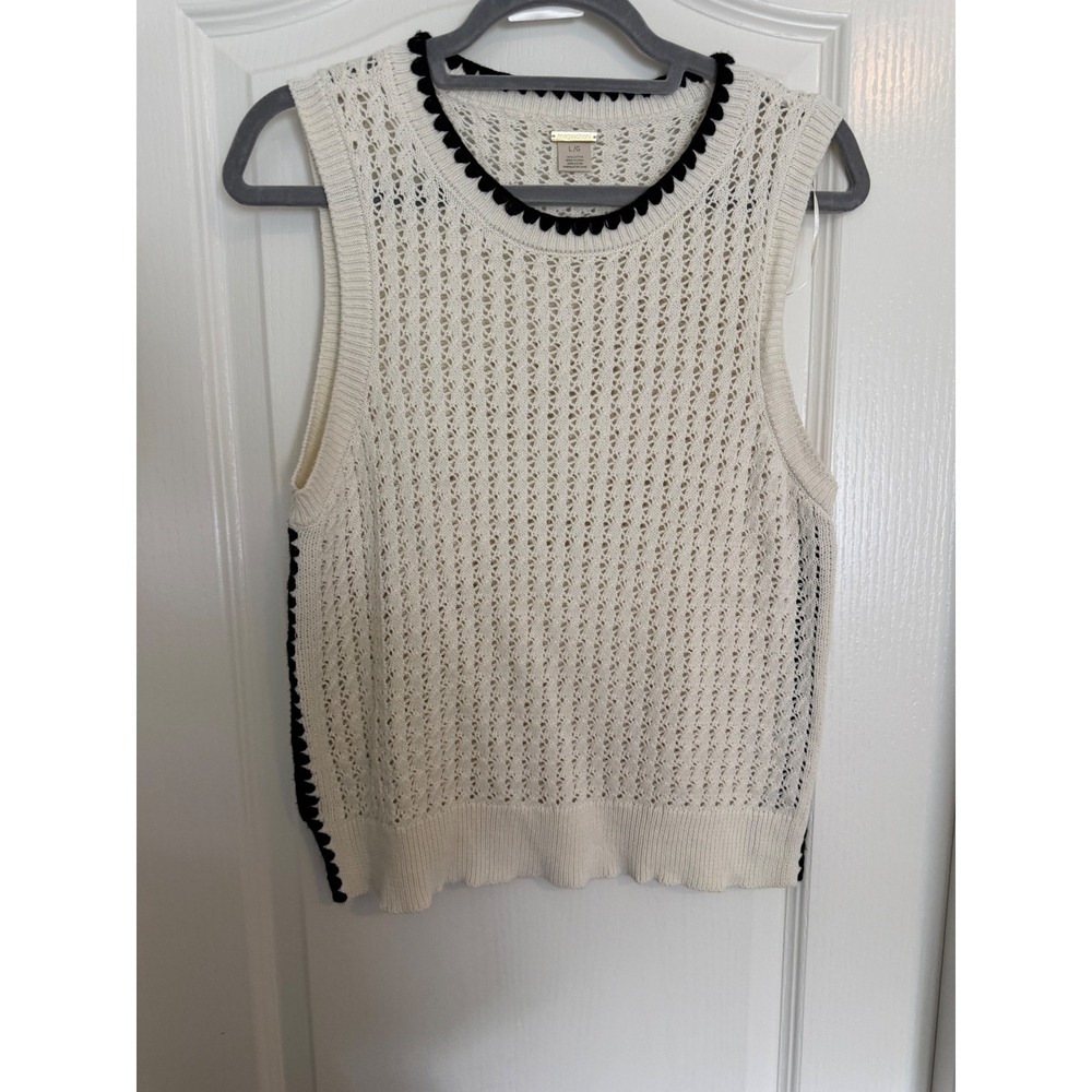Magaschoni Cream Sweater Vest Womens Pointelle Scallop Trim Cotton EXC L